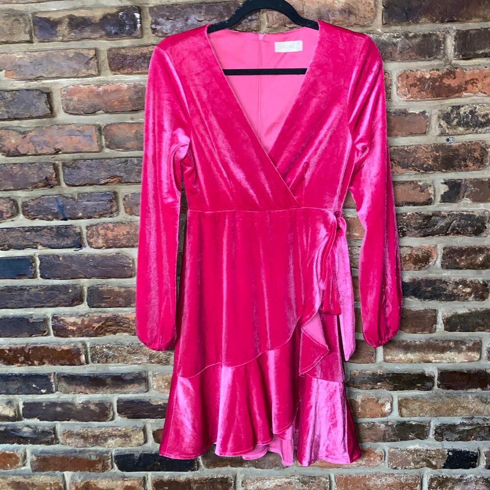 Altar'd State Fuchsia Pink Velvet Barrymore Faux Wrap Mini Dress Women's Small